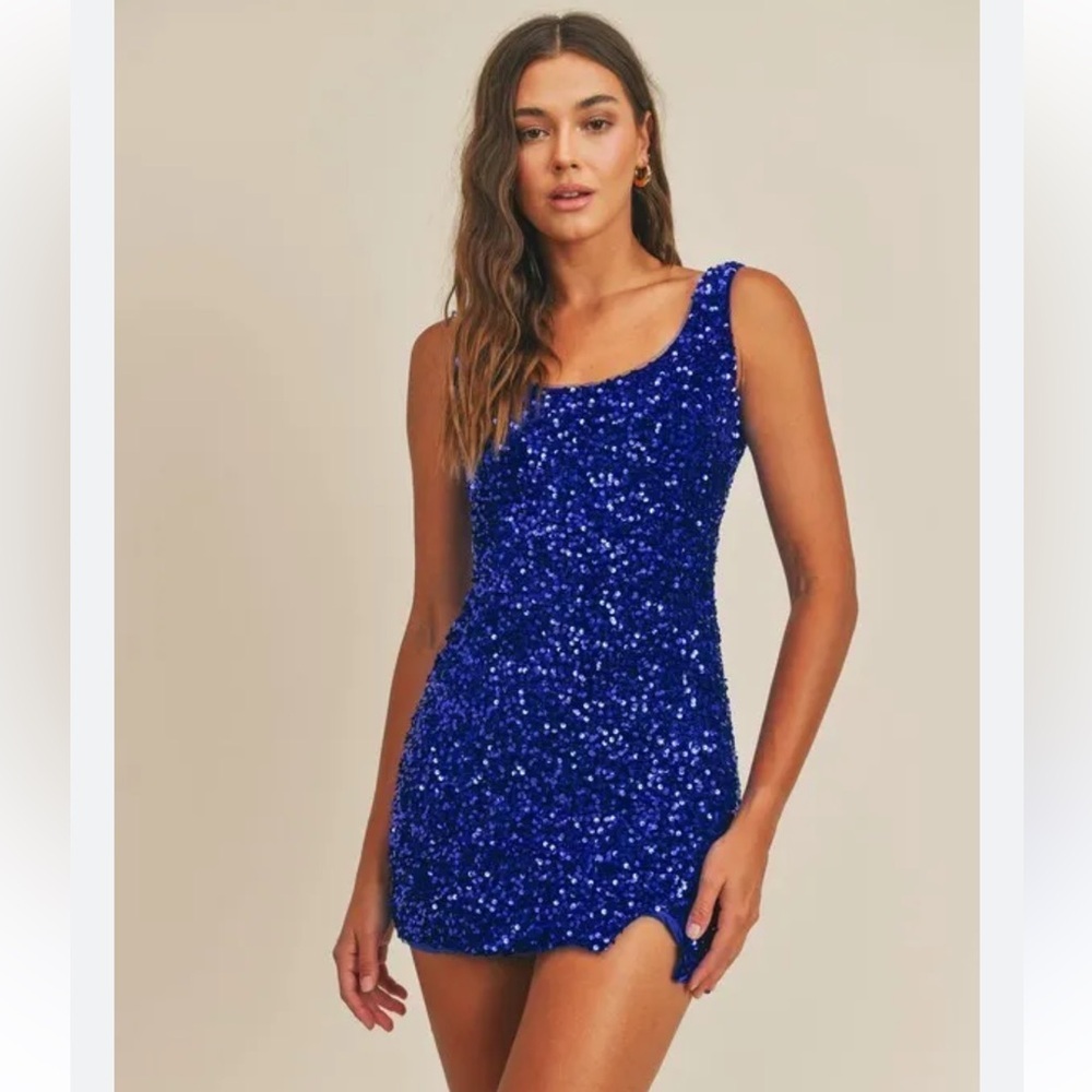 MARBLE Royal Blue Sequin Mini Dress. Size S